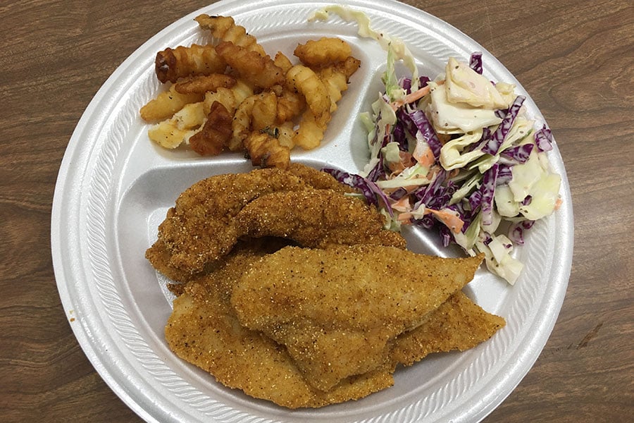 fish, fries, and cole slaw