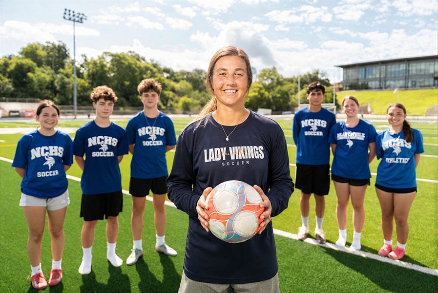 Nolan Catholic High School teacher and soccer coach Lauren Sajewich poses with student athletes after practice on June 10. (NTC/Juan Guajardo)