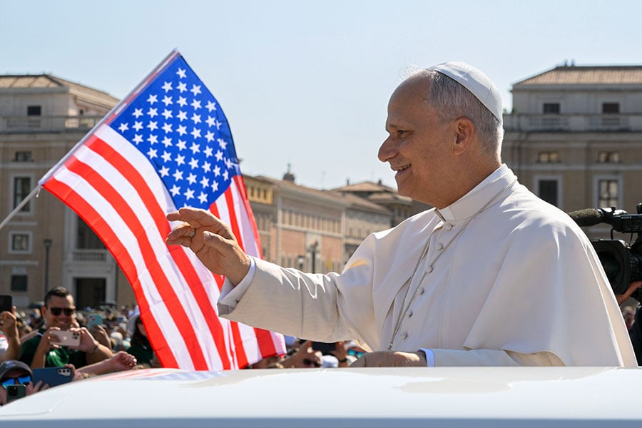 Pope Leo waves before a flag of the US